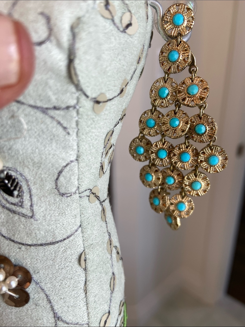 Gold-Tone Chandelier Earrings with Turquoise Stones